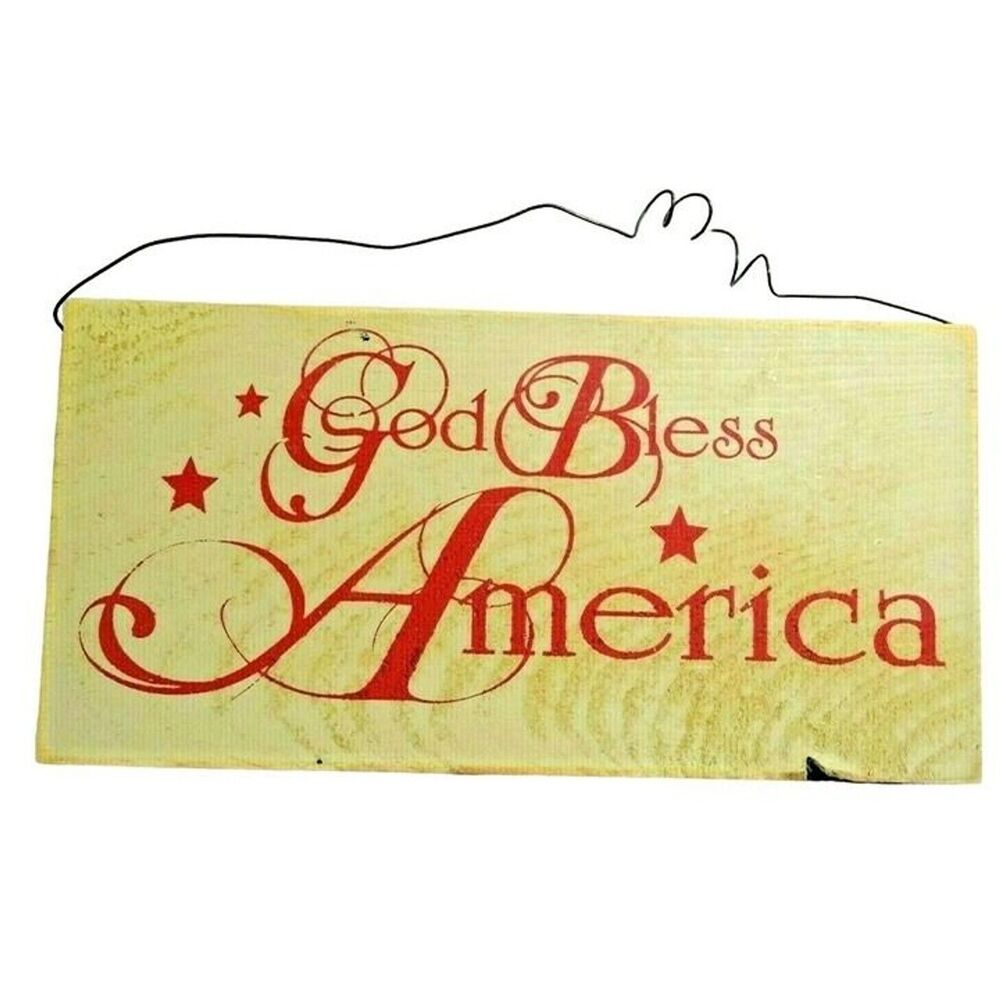 God Bless America Patriotic Hanging Sign Red Stars Wood 11 x 5.5-in Rustic Gift